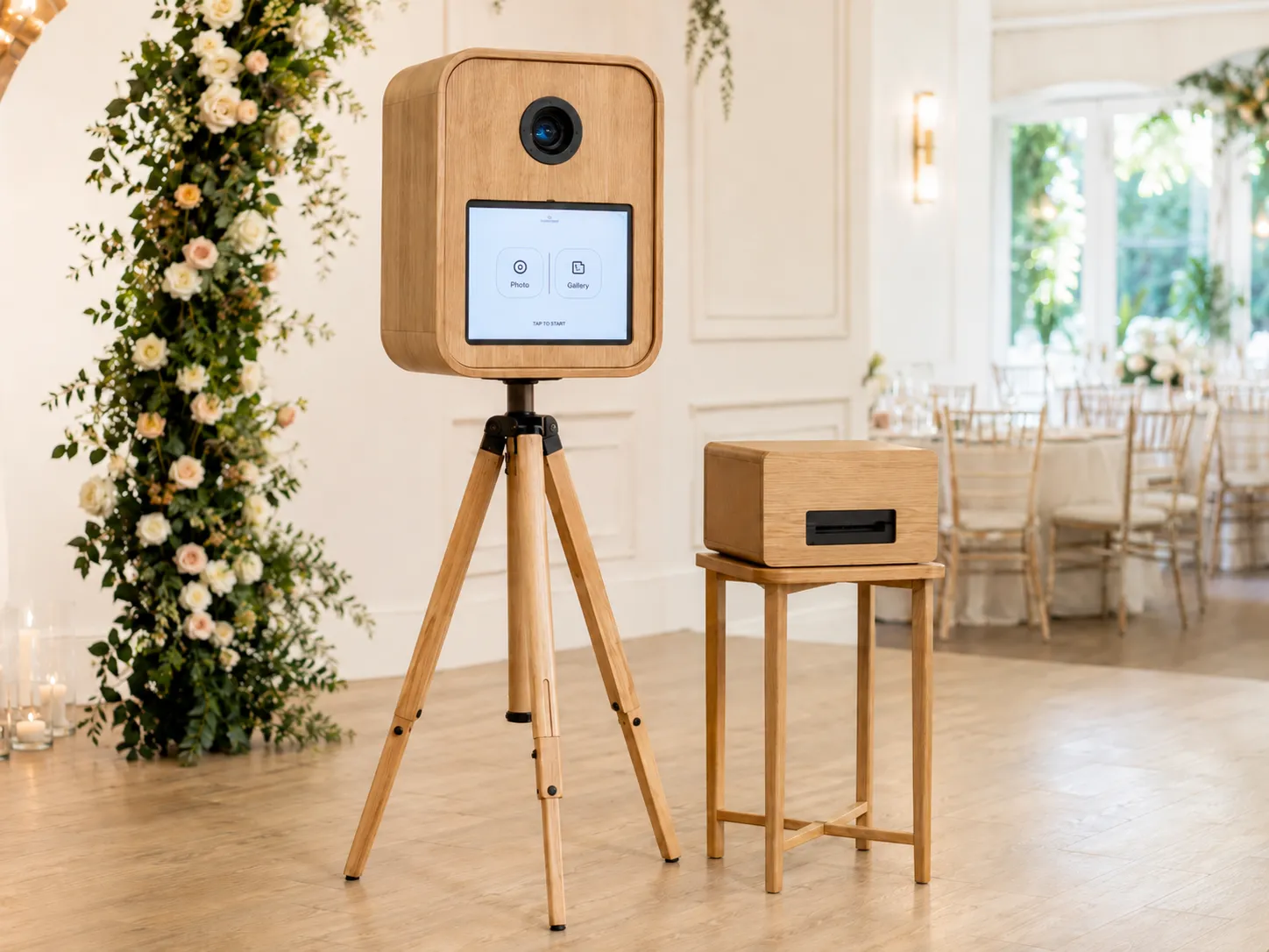 Wooden wedding photo booth setup with matching printer stand